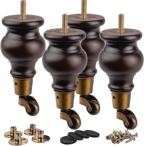 thumbnail: La Vane 6,5 Inch Houten Meubelpoten Met Zwenkwielen - 4 Stuks Walnoot Massief Hout - Vervangende Poten Met M8 Bout En Montageplaat