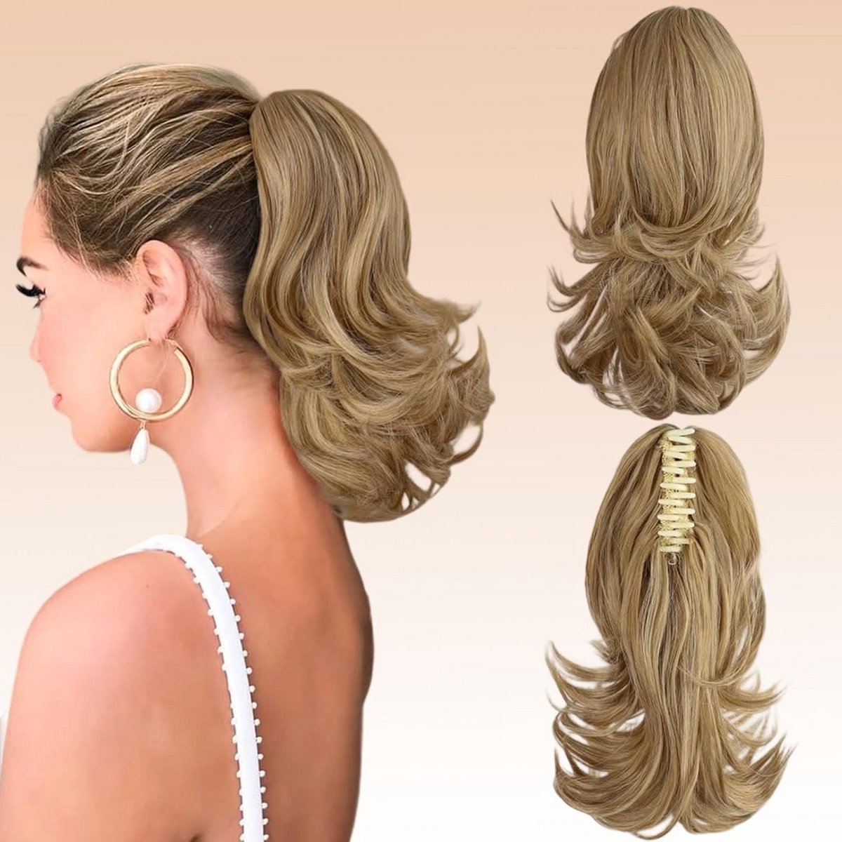 Korte, Golvende Clip-in Paardenstaart Verlenging Synthetisch Haar - Direct Volume