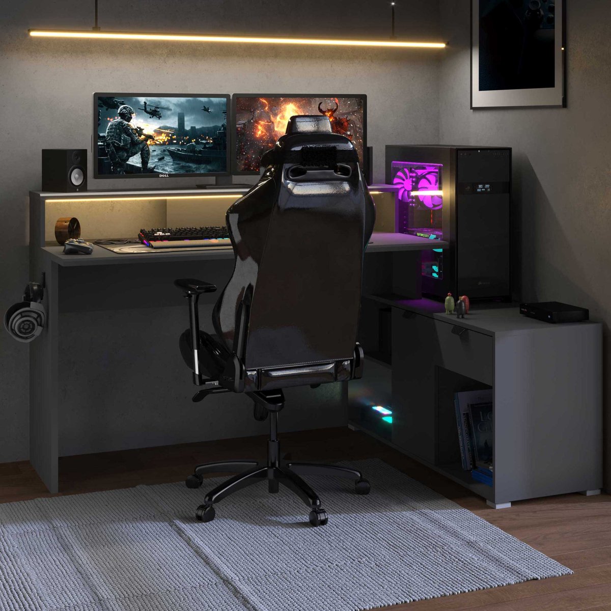 Gamingbureau Vortex - 229x60x95cm - Met Ledverlichting - Donkergrijs - Parisot - Hoekbureau - Grijs - Melamine; Spaanplaat