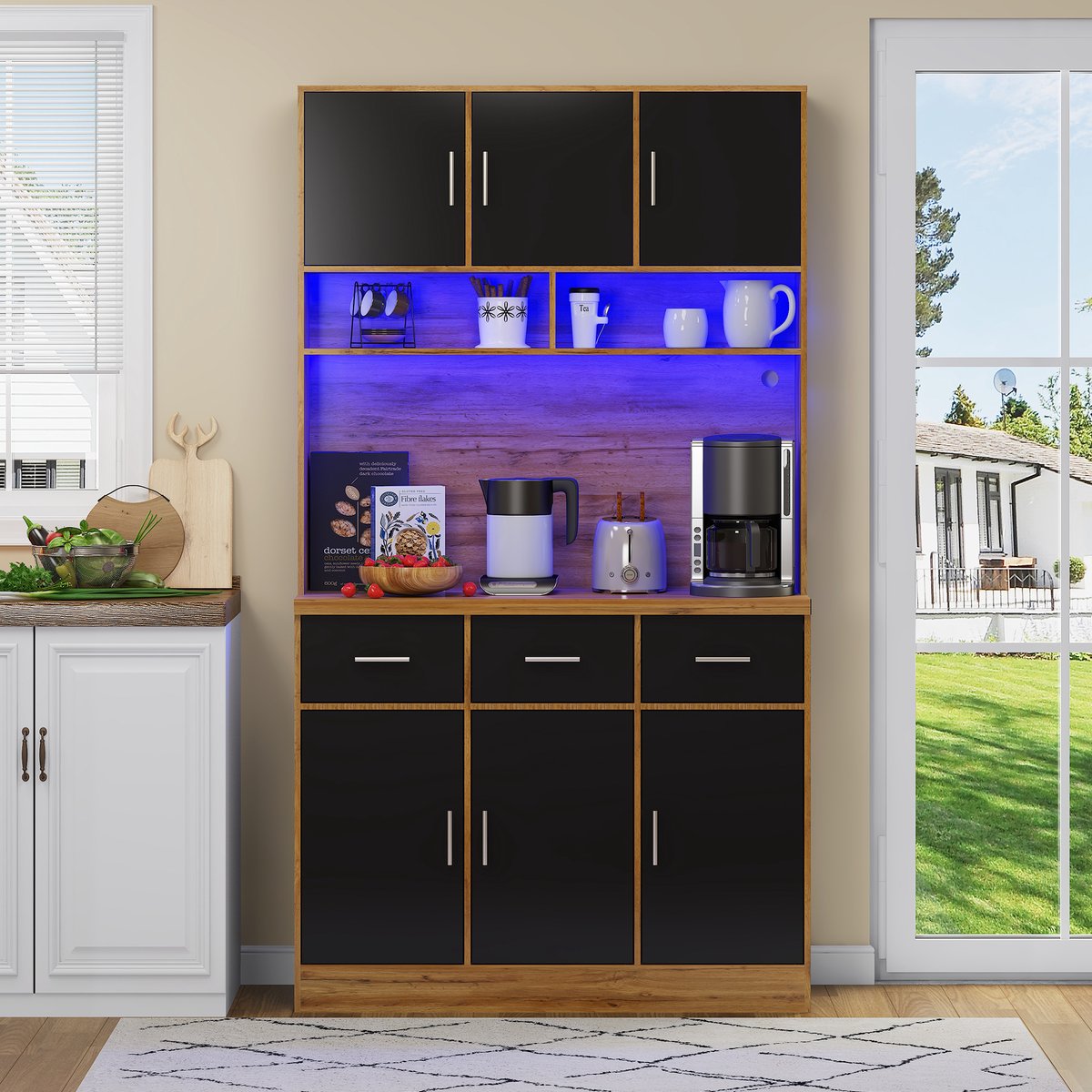 DENMOSTY Buffetkast Vrijstaand - Keukenkast met APP-Gestuurde LED-Verlichting en Stopcontacten - 6 Deuren en 3 Laden - Verstelbare Planken - 100 × 40 × 180 cm - Naturel