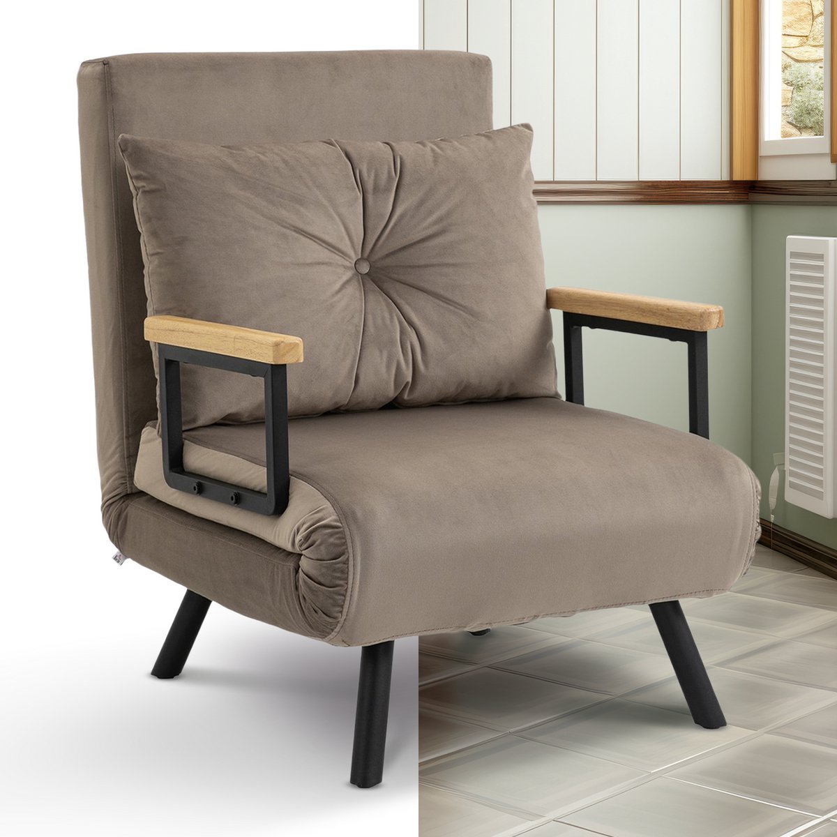 Slaapstoel - Uitklapbaar - Slaapbank - Logeerbed - Zetelbed - Slaapfauteuil - Vouwbed - 1 persoons - Zeer comfortabel - Lichtbruin