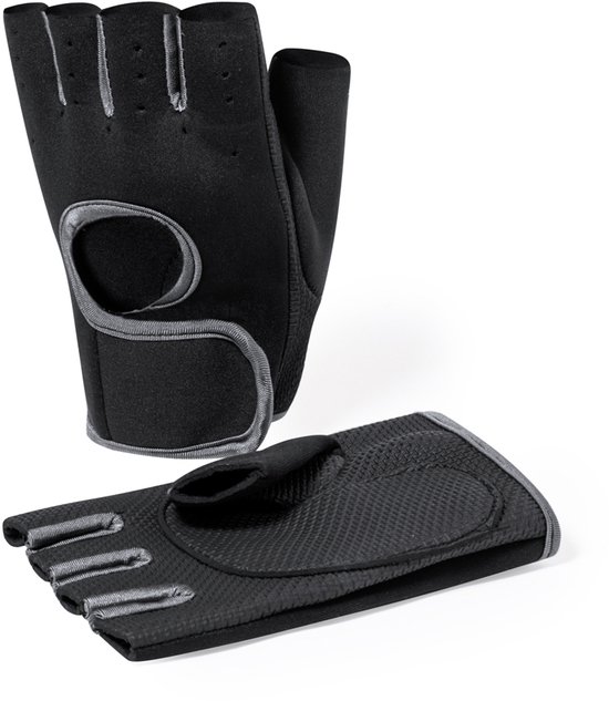 Zwarte vingerloze fitnesshandschoenen met grijze bies en duimopening.