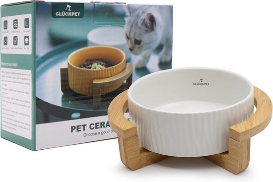 Katten Voerbak Met Houten Standaard, Keramische Kattenbak, Voerbak En Standaard Keramische Kattenbak Voerbak En Waterbak Voor Katten En Kleine Honden Grijs