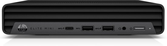 Zwarte HP Elite Mini computer met aan de voorkant twee USB-A, één USB-C, audioaansluiting en aan/uitknop.