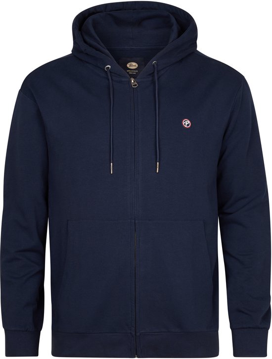 Donkerblauwe hoodie met rits, capuchon, koordjes en een logo op de borst