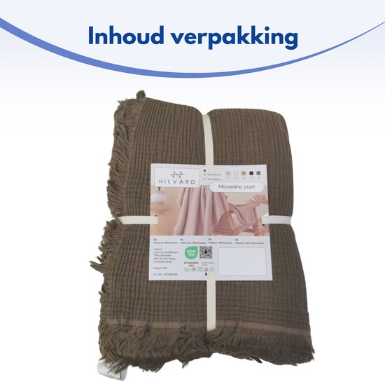 Bruine mousseline plaid opgerold met een label met de tekst 'Mousseline plaid' en OEKO-TEX.