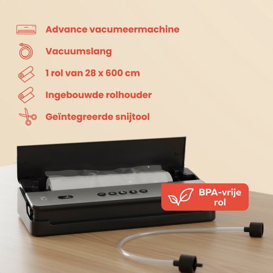 Zwarte vacuümmachine met open deksel, rol folie in de houder, vacuümslang, BPA-vrij rol.