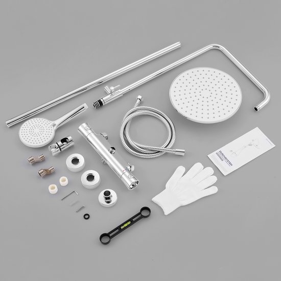 Douchesysteem met hoofd- en handdouche, thermostaatkraan, slang, bevestigingsmateriaal en handschoenen.