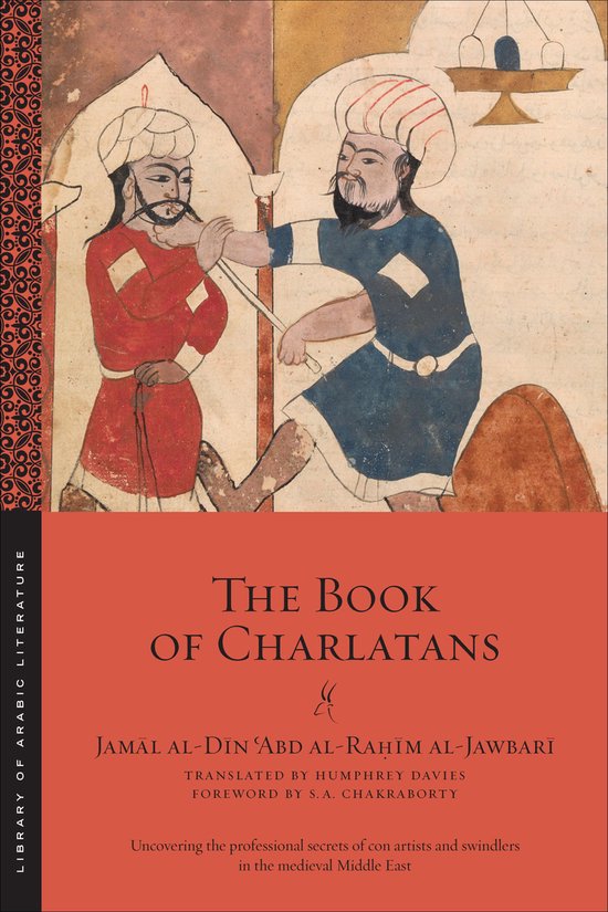 Boek van Charlatans met afbeelding van twee mannen in traditionele kleding. Titel: The Book of Charlatans.