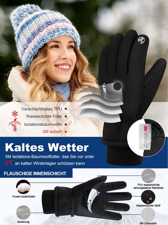 Zwarte thermische winterhandschoenen met touch screen vingertoppen, gedetailleerd met 3M Thinsulate isolatie en waterdichte TPU-membraan.