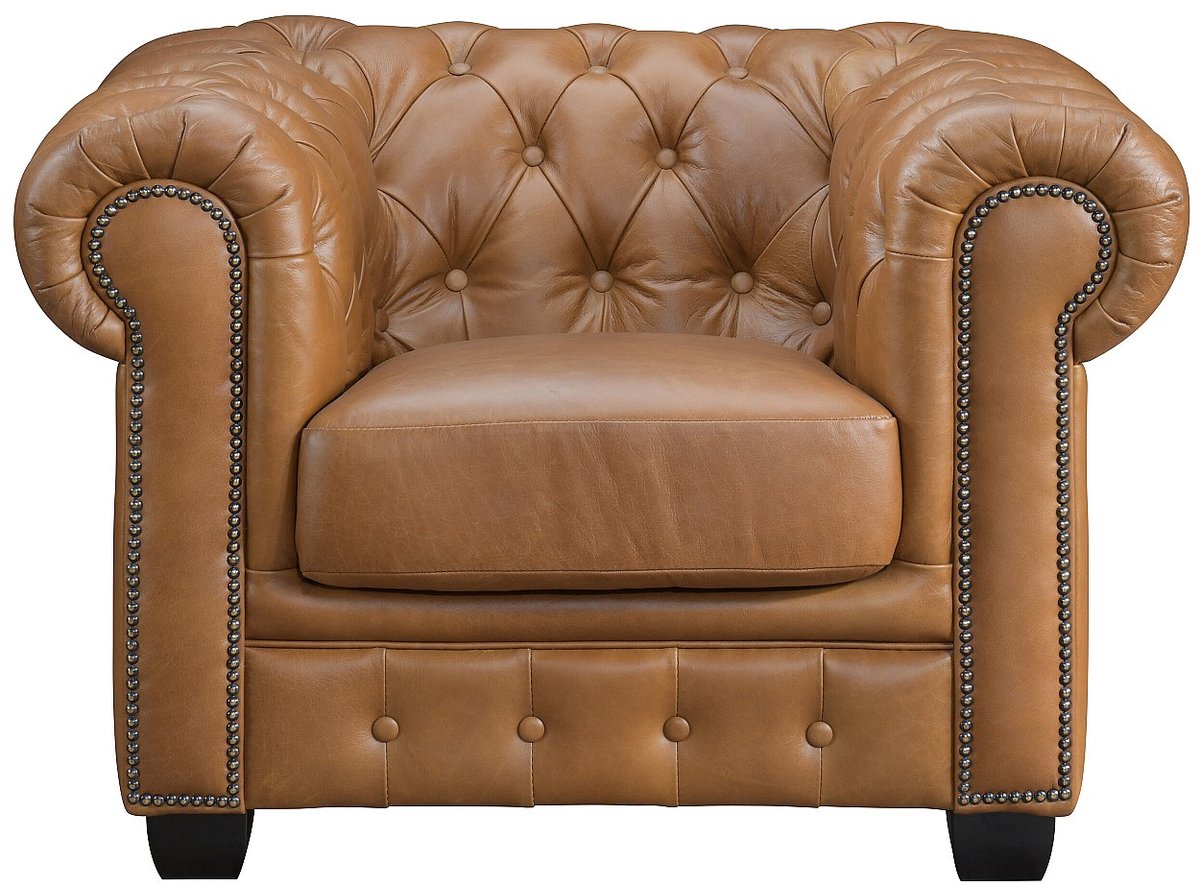 Vente-unique Chesterfield zitbank 3 + 1 plaatsen BRENTON 100% buffelleer - Vintage caramel