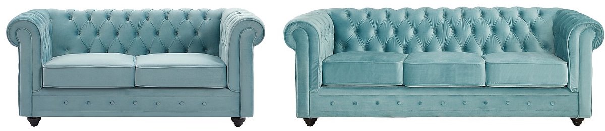 Vente-unique Drie- en tweezitsbank van pastelblauw velours CHESTERFIELD Blauwe lucht