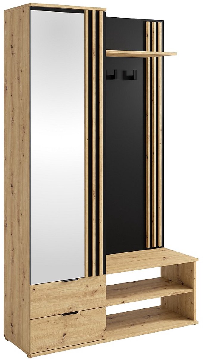 Vente-unique Garderobe met spiegel en opbergruimte - Houtlook en zwart - JANAKIA