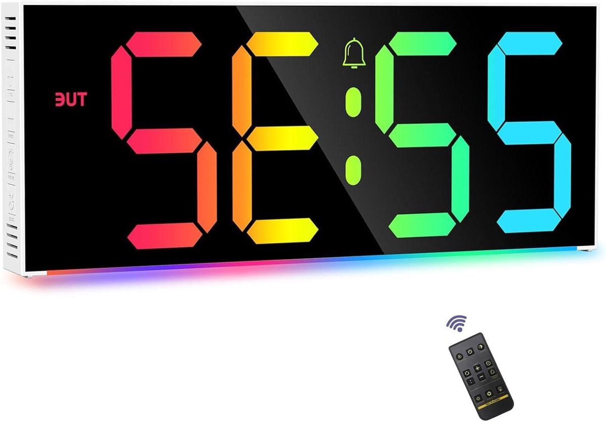 Cosensi - Wandklok 12 inch met RGB Kleurenwekker en Afstandsbediening - Stil, Heldere Display, Kalender, Nachtstand - Woonkamer, Fitnessruimte | Digitaal, Modern, Groot formaat