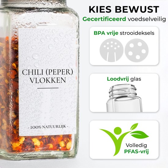 Soothe 24 Pots à Épices en Verre Carrés avec Couvercles en Bambou - 2 Types de Couvercles à Saupoudrer - Saupoudreur d'Épices - Spice Jars - Ensemble Complet incluant des Étiquettes d'Épices, un Stylo Craie et des Accessoires - 120ml