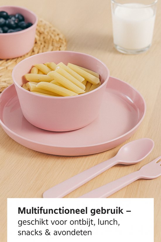 HEM 24-delig Serviesset 6 Persoons - Roze Kunststof - Picknickset - BPA-vrij & Vaatwasserbestendig - 6x Bord, 6x Kom, 6x Vork, 6x Lepel - Lichtgewicht Plastic Servies - Met HEM Opbergzak van Merkloos — afbeelding 2