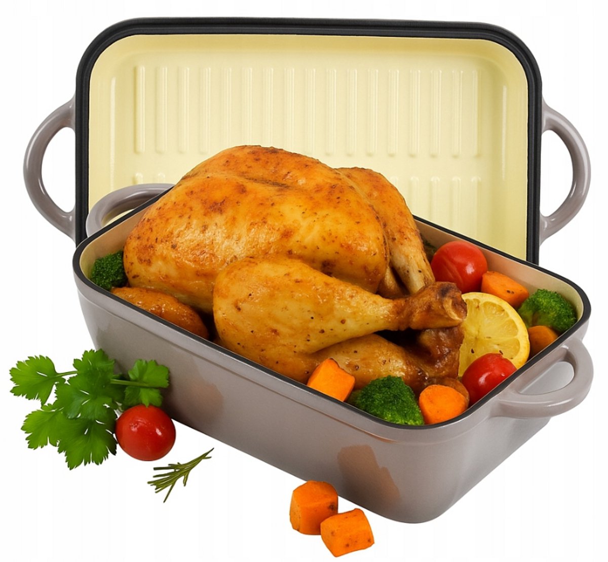 Geëmailleerde Braadslede 3,8 L + Grillpan 2,3 L – 2-in-1 – Grijs Hoogglans / Crèmekleurig Binnenwerk