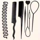 Zwart haar styling set – 6 delige kunststof haar tools met puntkam en haarlussen – flexibel styling hulpmiddel voor dames en heren – geschikt voor opsteekkapsels en dagelijks gebruik