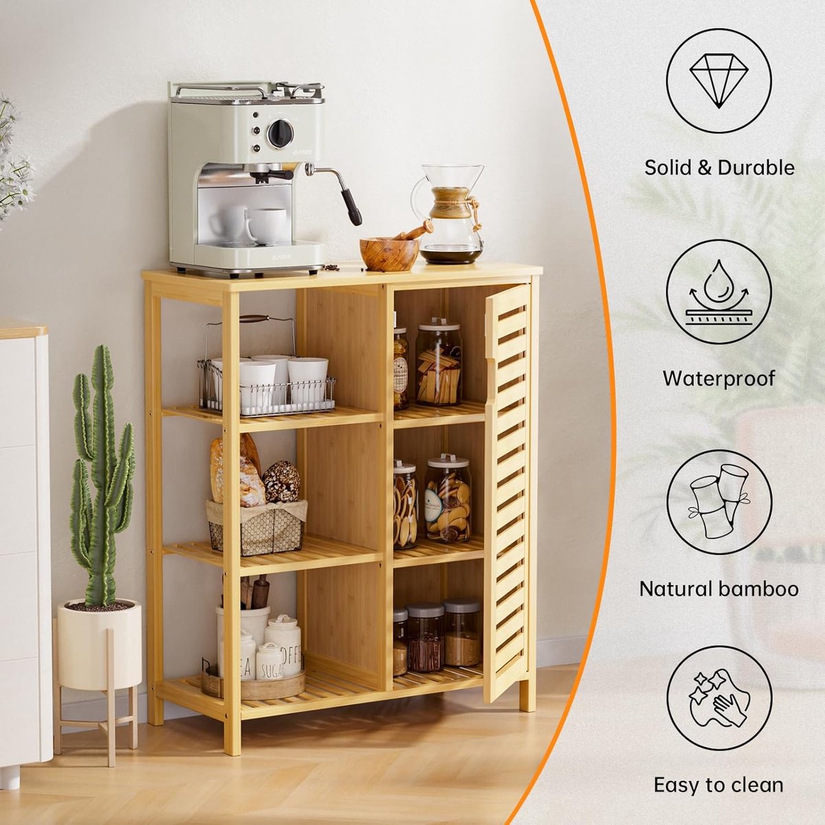 Badkamerkast van bamboe met deur en 3 open planken - Natuurlijke vrijstaande opbergorganizer voor badkamer, keuken, woonkamer en gang - Vochtbestendig en krasbestendig - Meda Home Store