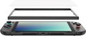 Zwarte Nintendo Switch 2 met een bevestigingsframe en screenprotector.