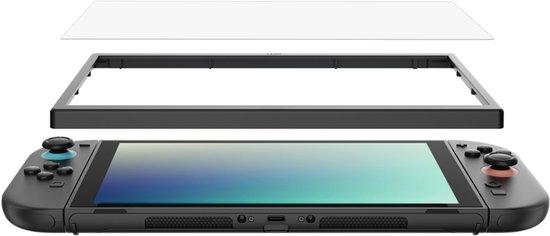Zwarte Nintendo Switch 2 met een bevestigingsframe en screenprotector.