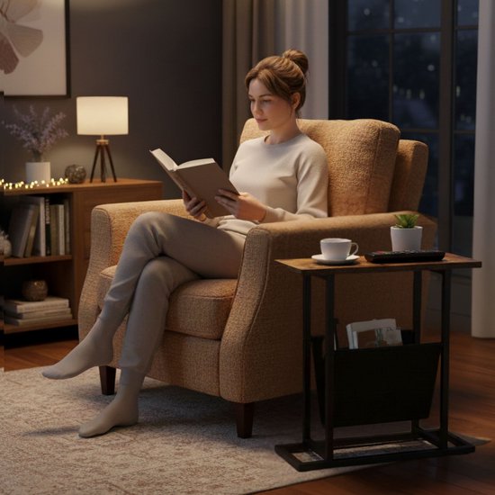 Vrouw leest boek naast bijzettafel met tijdschriftenhouder, kopje koffie en plantje.