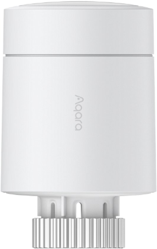 Witte radiatorthermostaat met logo 'Aqara' en een geribbelde onderkant.
