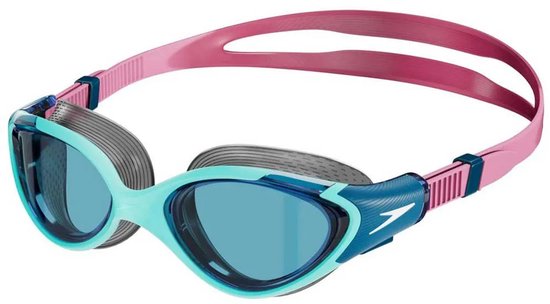 Speedo Biofuse 2.0 zwembril, turquoise frame met blauwe accenten en roze band.