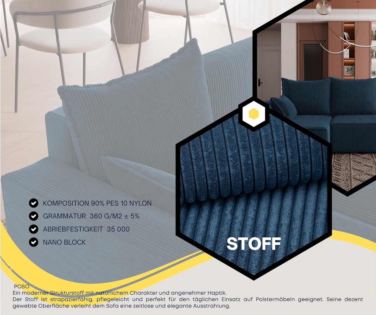 Hoekbank met Slaapfunctie en Bedlade 3-Zits – Luxe L-vorm Slaapbank met Opbergruimte – Moderne Sofa in Cord Poso 05 Cobalt Blauw – Omkeerbare Chaise Longue – Comfortabele Bankbed voor Woonkamer – Novihome