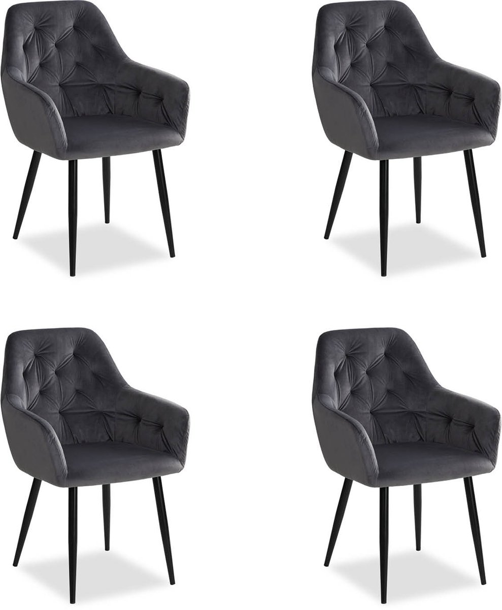 Homestyle4u Eetkamerstoelen van Fluweel - 4 Stoelen - met armleuningen - Grijs
