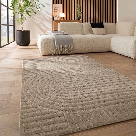 Flycarpets Skadi Curve Vloerkleed Japandi & Scandinavisch - Beige - Laagpolig Tapijt Woonkamer - 160x230 cm