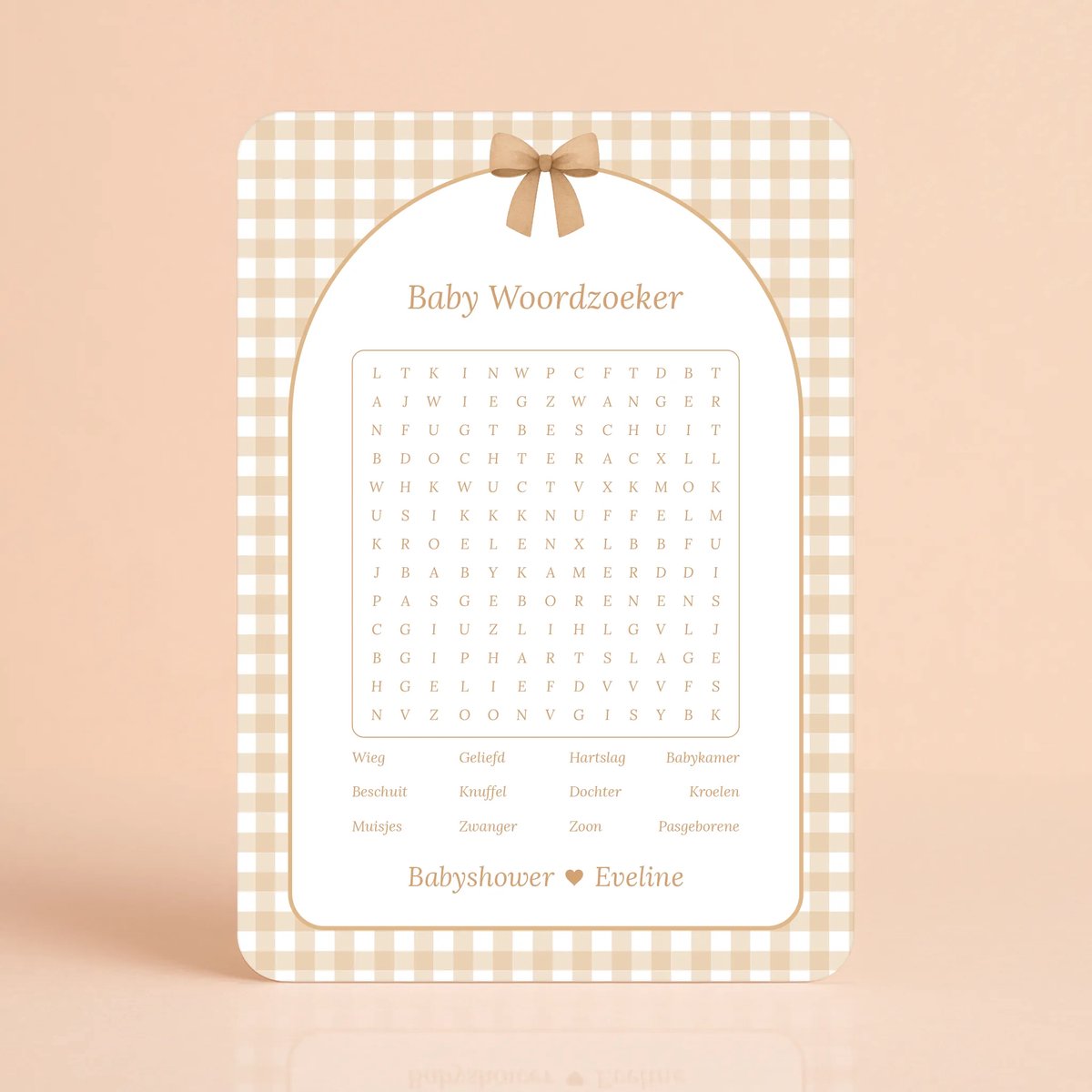 Gepersonaliseerde Gender Reveal & Babyshower invulkaarten – Baby Woordzoeker – Gingham Bruin - 20 Stuks - Babyshower Cadeau - Babyshower Spelletjes