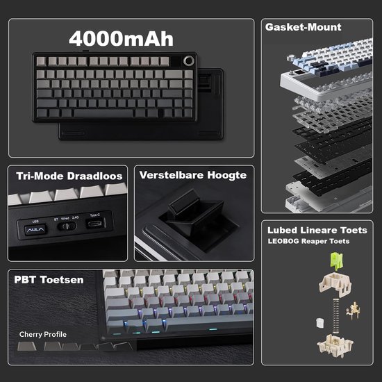 Compact mechanisch toetsenbord met 4000mAh batterij, tri-mode draadloos, verstelbare hoogte en PBT-toetsen. Toont gasket-mount constructie en Leobog Reaper switches.