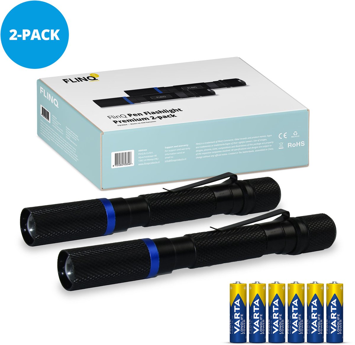 FlinQ Pen Zaklamp - 100 lumen LED lamp - Inclusief 6 Batterijen - Op Batterijen - Waterbestendige Flashlight - Militaire Zaklamp - Ideaal voor Noodpakket - Geschikt voor Kinderen - 100 meter Zicht - 2 Zaklampen