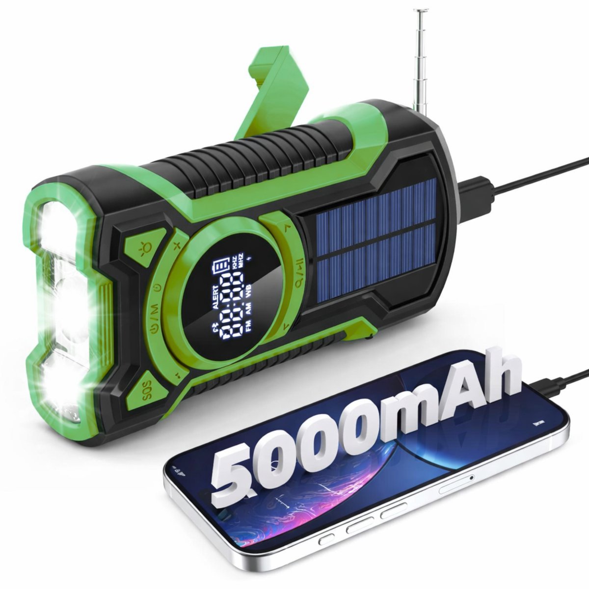 Guardyan® Draagbare noodradio - Powerbank 5000 mAh - Zaklamp - Solar Opwindbaar - Solar Powerbank Zonneenergie - SOS alarm - USB-C kabel - Noodpakket - Kunststof - Groen