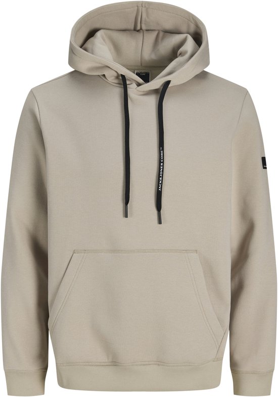 Sweat à capuche beige avec cordons noirs et une poche kangourou.