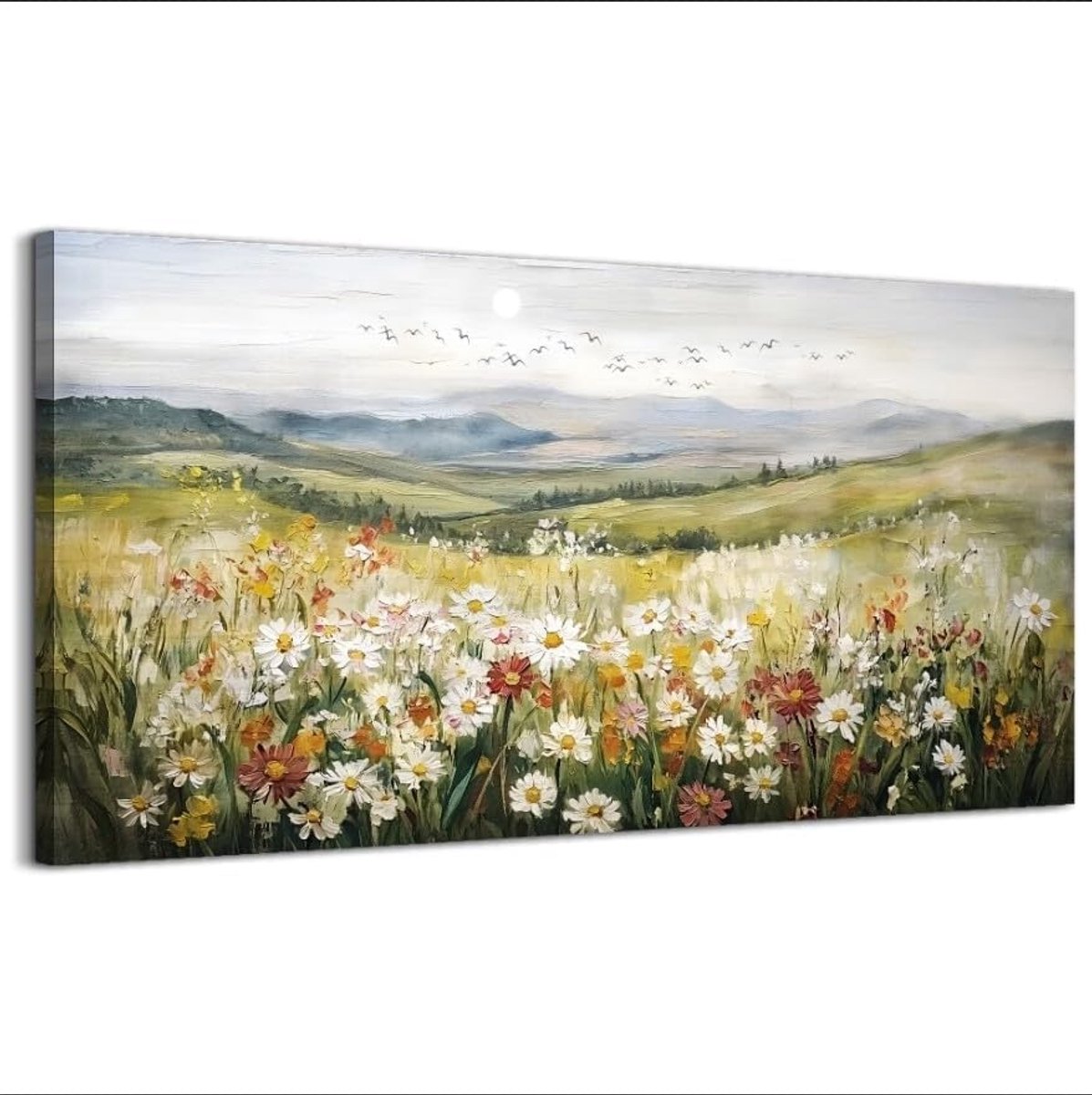 Modern Groot Canvas 59x119 Cm – Kleurrijke Wilde Bloemen Op Heuvel - Perfect Voor Woonkamer - Slaapkamer & Kantoor