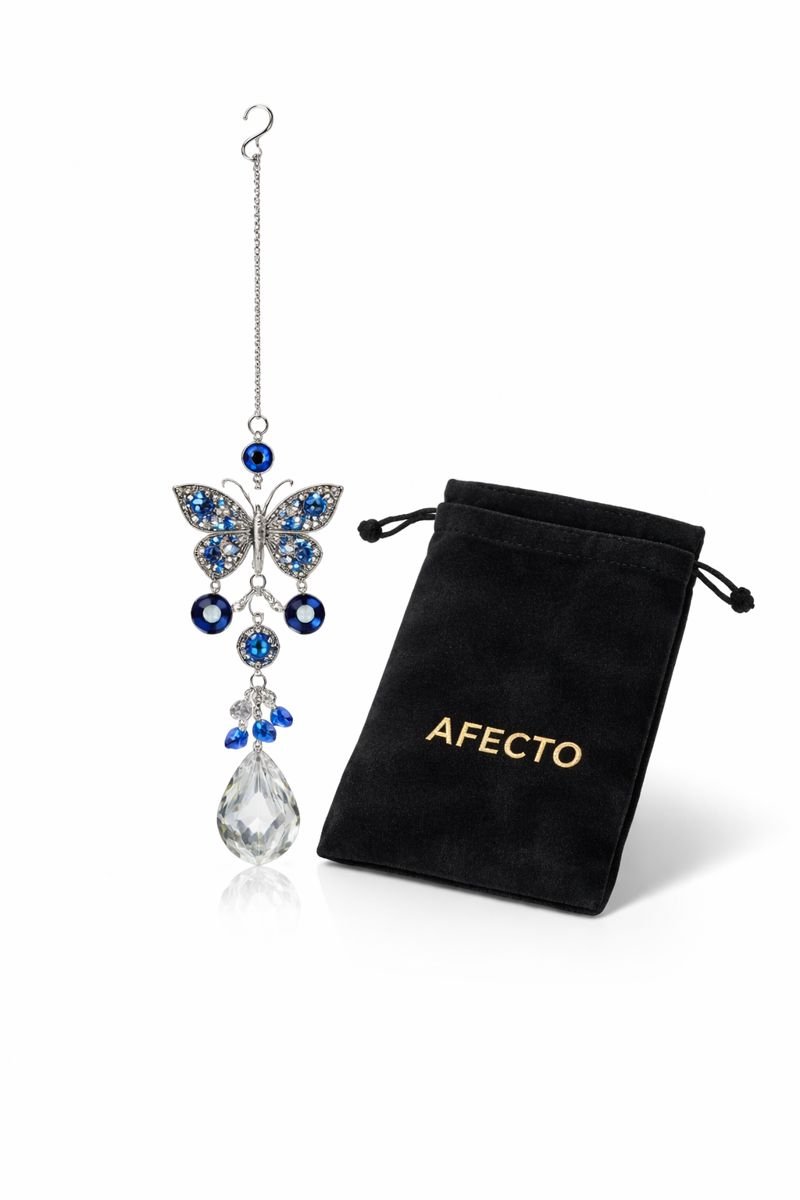 Afecto A: Kristallen Vlinder Suncatcher met Boze Oog | Beschermende Gelukshanger & Raamdecoratie in Afecto geschenkzakje A: blauw
