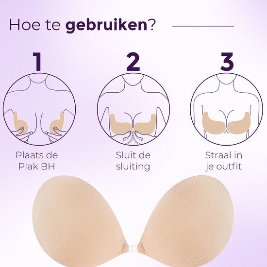 Instructies voor het gebruik van plakbh's: 1. Plaats de plakbh. 2. Sluit de sluiting. 3. Straal in je outfit. Gepresenteerd met illustraties en een productfoto.