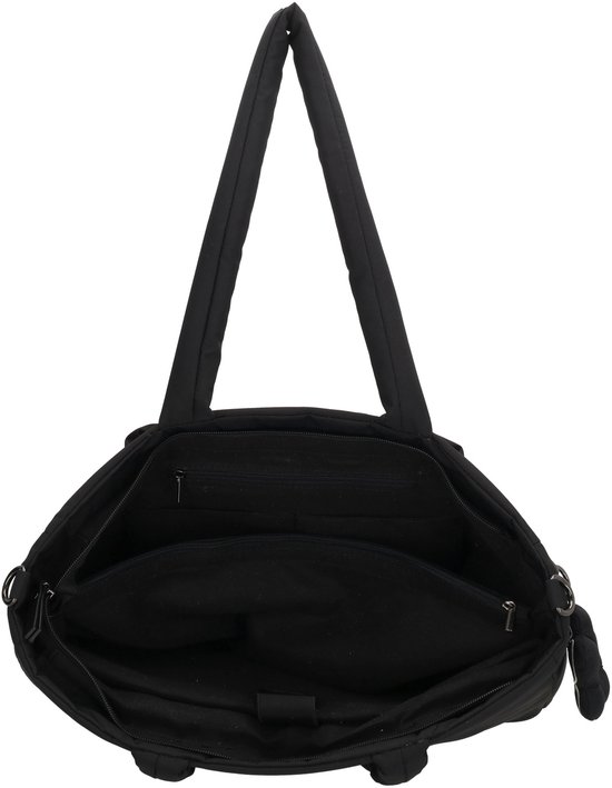 Open zwarte tas met laptopvak en diverse compartimenten.