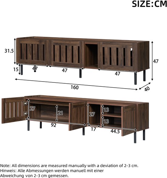 Meuble TV REDOM 160 x 40 x 47 cm en MDF et métal, noyer avec lamelles perforées et passage de câbles