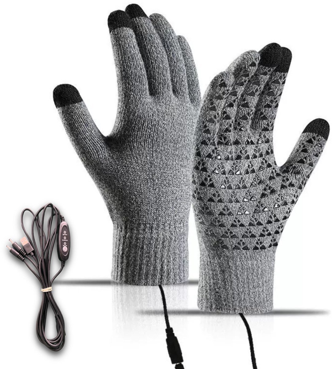 MDUG USB-verwarmde handschoenen - Grijs - Eén maat - Unisex - Warme winterhandschoenen - Gebreide verwarmde handschoenen met touchscreen - Drie instelbare temperatuurstanden - Geschikt voor autorijden, hardlopen, binnen- en buitengebruik