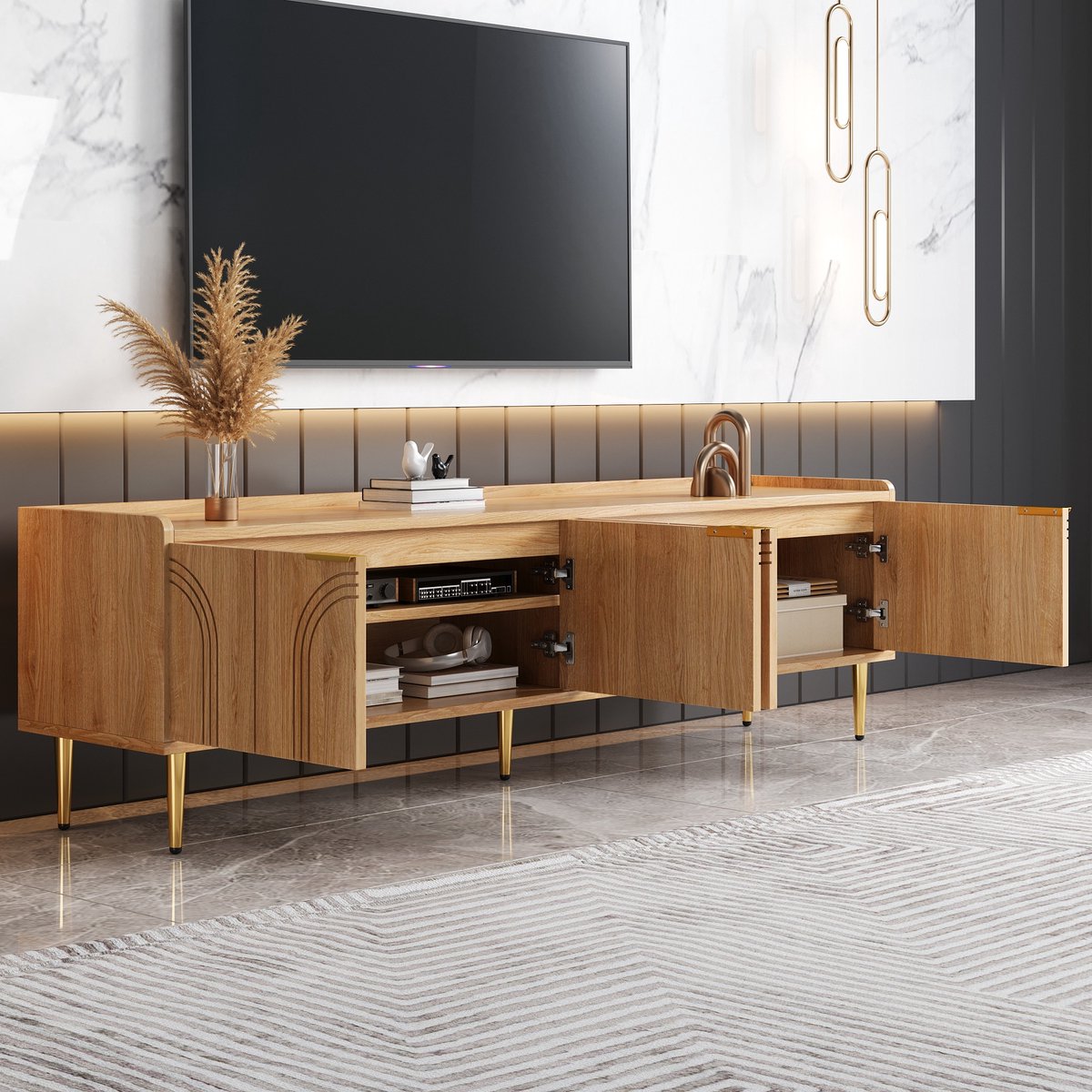 STILVORA TV-Meubel - Lowboard Met 3D Deuren En Gouden Poten - Kabelmanagement En Ruimte Vo