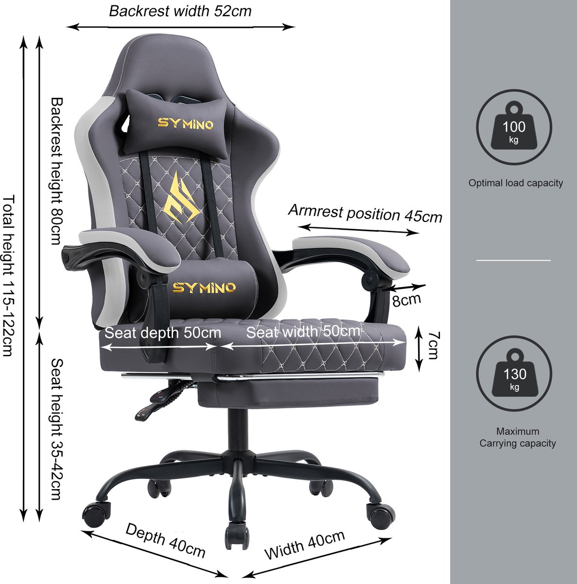 Symino FZ Gaming Stoel met Voetsteun - Ergonomisch - Grijs - afbeelding 3
