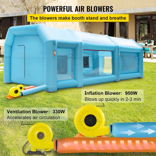 Opblaasbare Spuitcabine Blauw Werktent 8x4x3m Gemaakt van 210D Oxford-stof en PVC met Luchtpomp en Ventilatiesysteem voor Autospuitwerk, Buitenactiviteiten, enz. — afbeelding 3