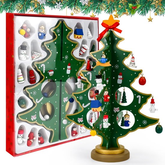Adventskalender 2024, houten kerstboom met 36 ornamenten, 24 dagen, aftelbaar tot Kerstmis, tafeldecoratie, kerstboomhanger voor volwassenen, jongens, meisjes, kinderen, speelgoed