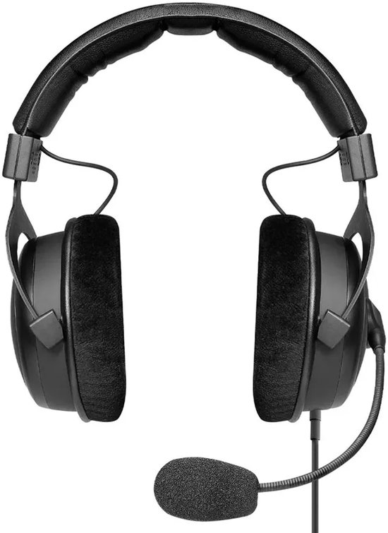 Zwarte Beyerdynamic MMX 330 PRO gaming headset met microfoon en zwarte fluwelen oorkussens.