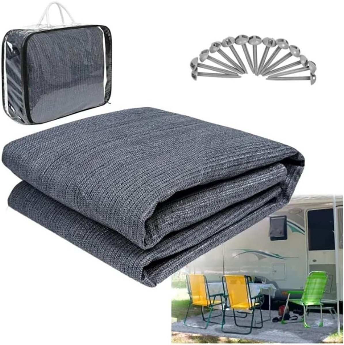 Campingmat voor buiten, vloermat en tenttapijt inclusief draagtas en haringen (250 x 400)
