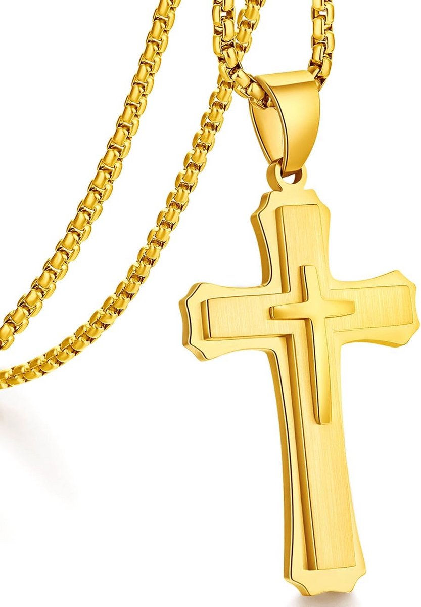 Kruis halsketting voor heren van roestvrij staal - 18 karaat verguld - 55-66 cm