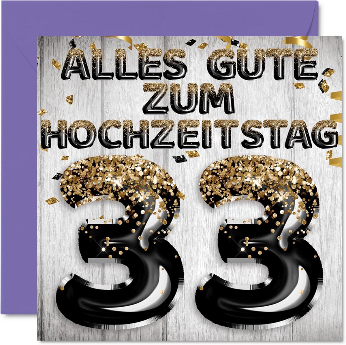 33e trouwdag kaart met zwart goud glitterballonnen - humoristische wenskaart voor volwassene